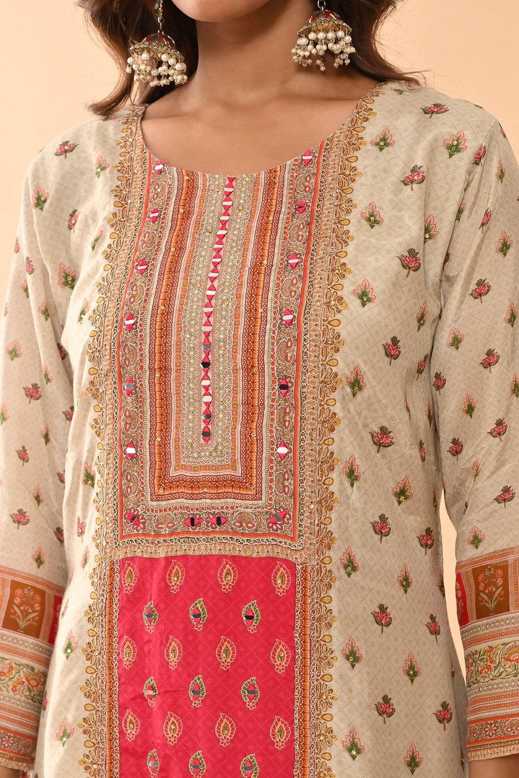 Beige Embellished Kurta 3 Pcs Set